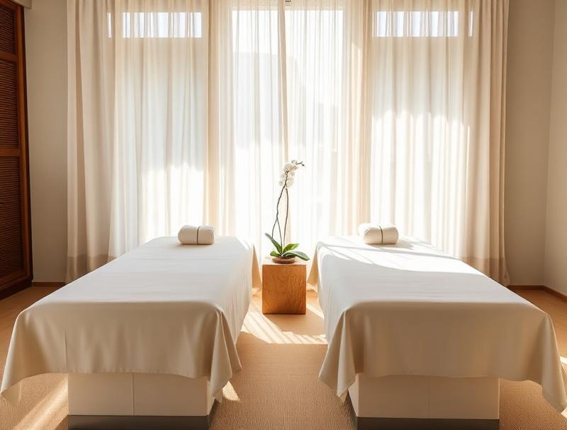 Two side-by-side massage tables draped in ivory linen