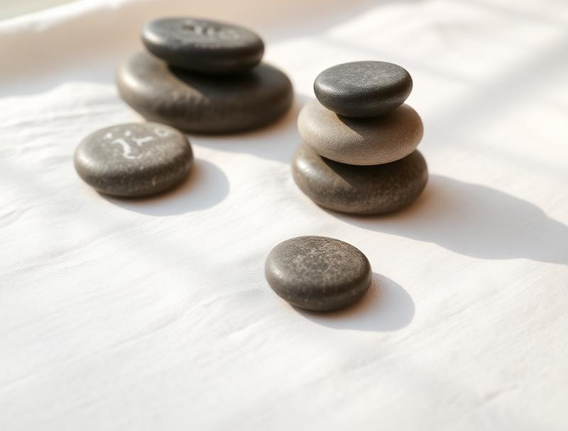 Warm basalt stones arranged on white linen at TAO Therapeutic Massage Spa