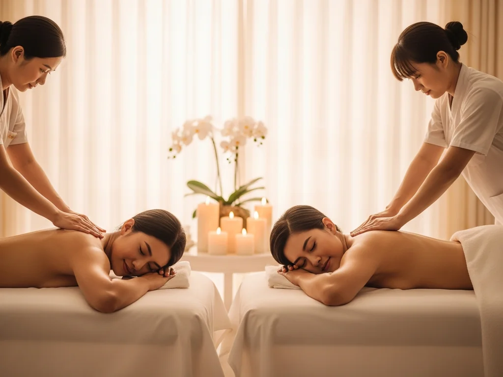 Two massage tables side by side in the private couples room at TAO Therapeutic Massage Spa in Vienna, VA, dressed in ivory linen
